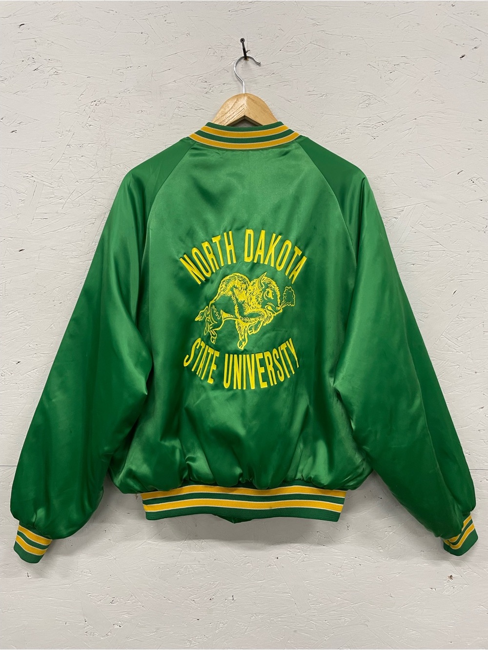 Vintage 1980s NDSU Bison King Louie Pro Fit Satin Varsity Jacket, Size L, Green